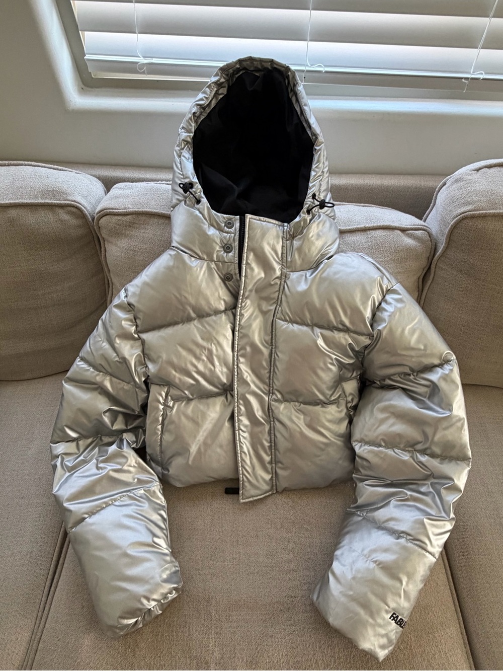 Fabletics Cropper Metallic Silver Puffer Jacket with Hood